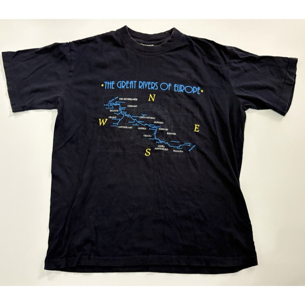 Vintage Large Rivers Of Europe Map T-shirt Navy Blue Sz L